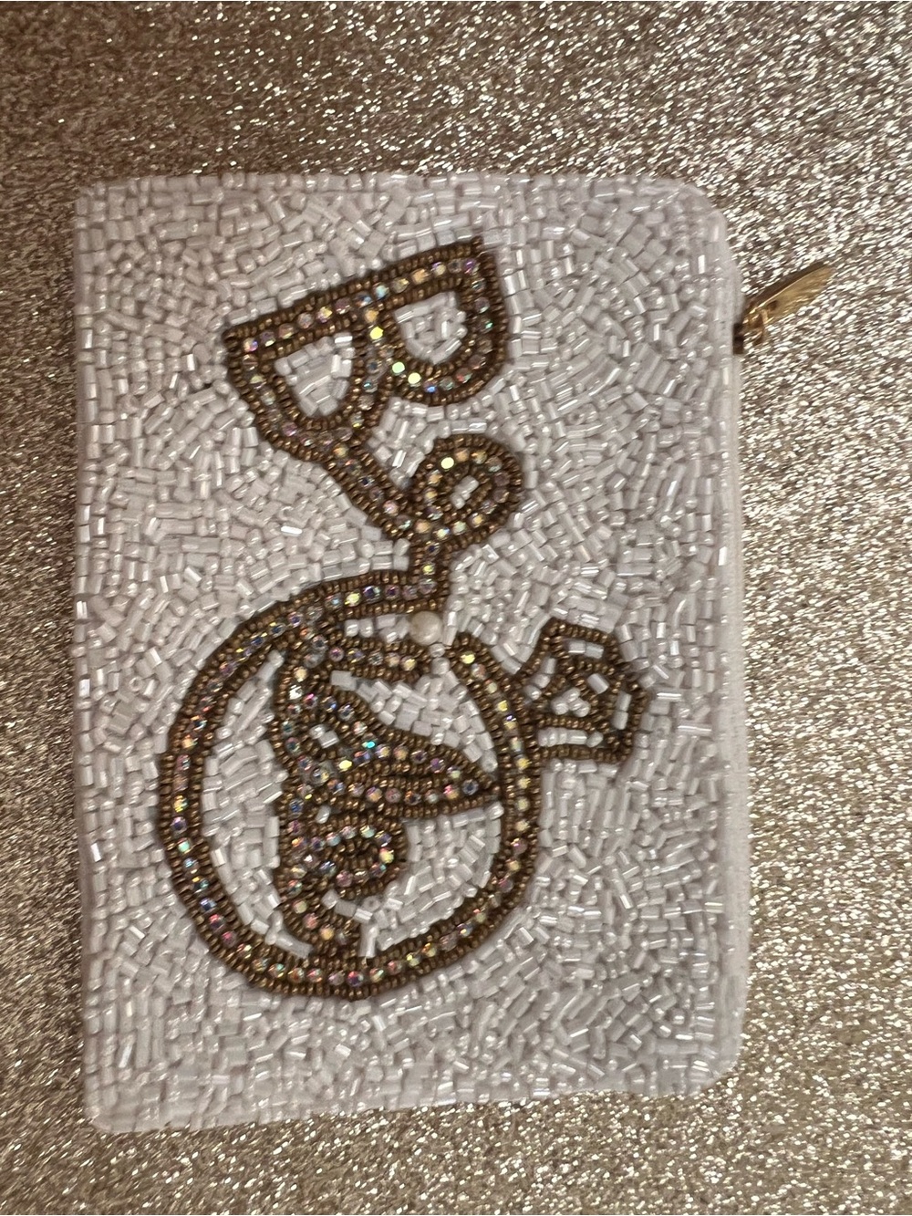 White Beaded Pouch with Gold Crystal Embellishment
